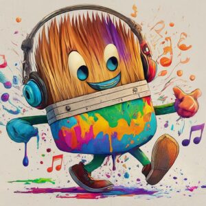 an anthropomorphic figure with expressive eyes and a welcoming smile, resembling a colorful paintbrush, is dancing on a musical tune