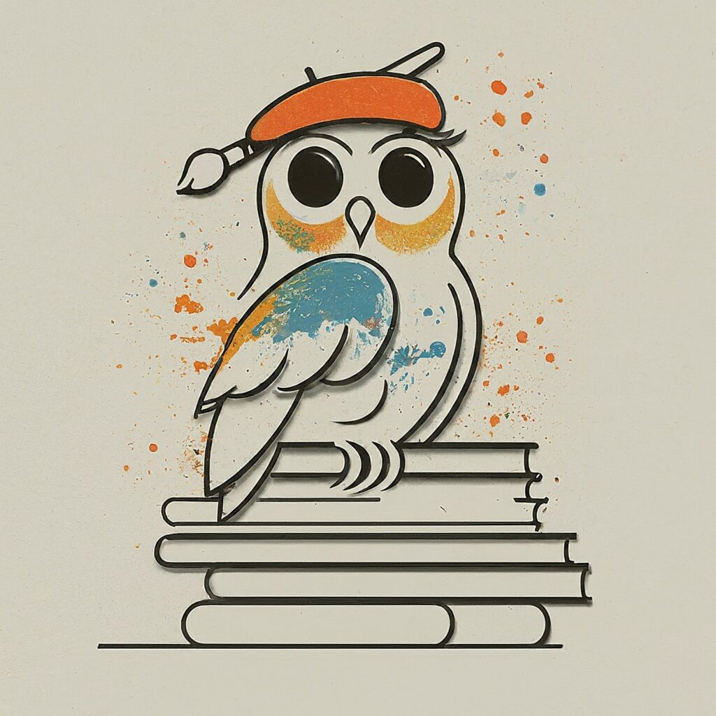 a simple line illustration of Artful Owl, a wise-looking owl perched on a stack of art books. It has large, bright eyes wearing a stylish beret tilted at a jaunty angle. A paintbrush tucks behind its ear, and its wings are adorned with splatters of paint.